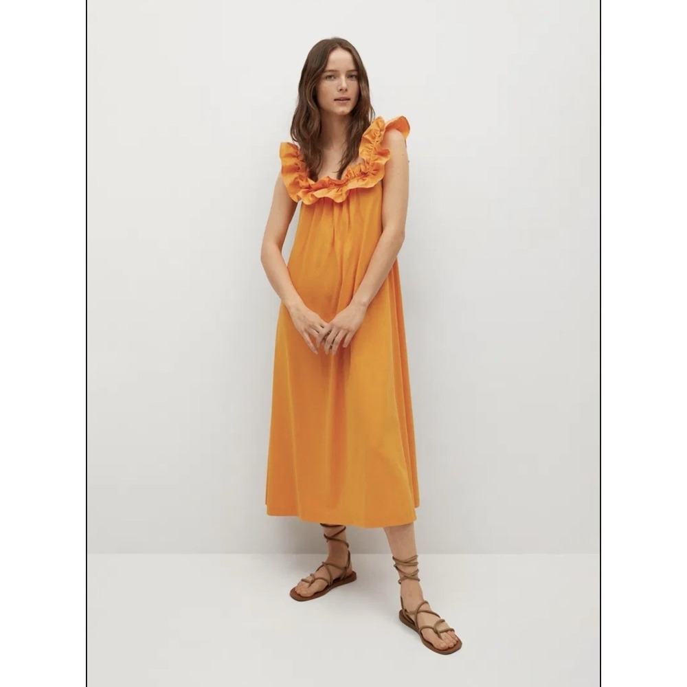 MNG Mango Orange Ruffle Maxi Dress Size XS US 2 Boho Resort Romantic Summer Chic